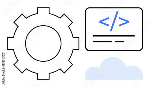 Software development, cloud services, coding systems, digital technology, automation concepts, programming. Gear, coding brackets and a cloud icon. Software development and cloud services concepts
