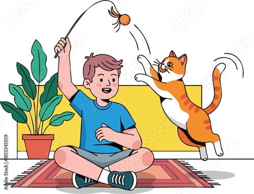 A boy plays with an orange cat using a toy on a string on the floor.