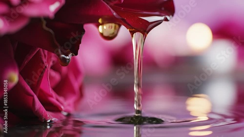 A mesmerizing closeup shot captures a glistening golden drop of viscous liquid slowly falling from a vibrant red flower petal creating delicate ripples on the waters surface with a soft blurred bokeh.