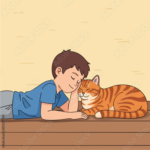 Boy lies on brown table touching heads with orange cat in illustration