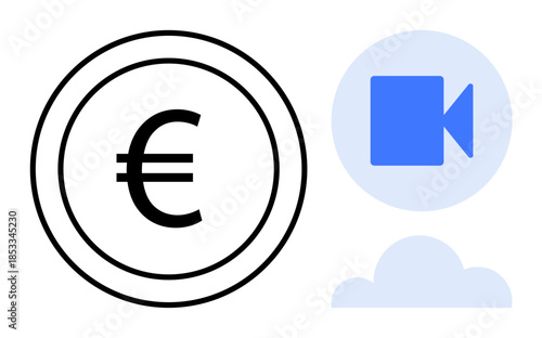 Digital finance, cloud storage, media communication, video streaming, technology transactions, economy. Euro symbol next to cloud and video icon. Digital finance and cloud storage concept