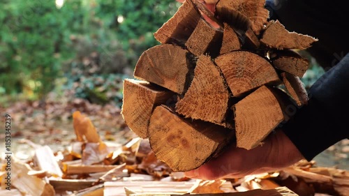 Chopped firewood . stack of firewood in a mas hands.Heating season. Solid natural heating fuel. 4k footage