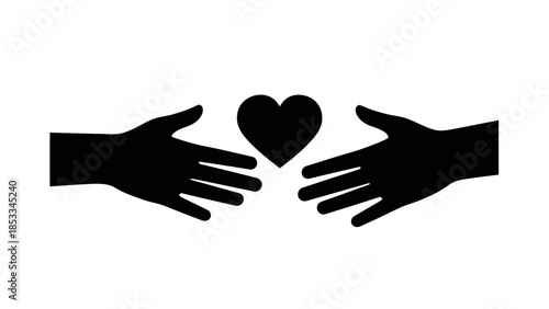 Two hands reaching out towards a black heart symbol, representing love, care, and connection.