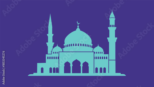 Silhouette of a mosque with minarets and domes against a purple background, representing Islamic architecture and culture.