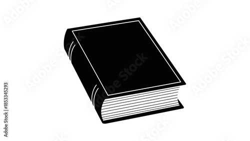 A closed black hardcover book with white pages and spine detail, isolated on a white background.