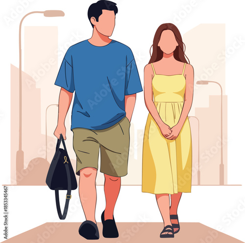 Couple walking on city sidewalk with casual clothes and urban background illustration