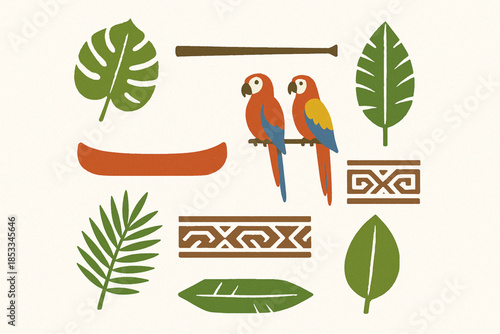 Ecuadorian Amazon Icon Set with Rainforest Leaves, Blowgun, Canoe, Parrots and Tribal Patterns in Vector