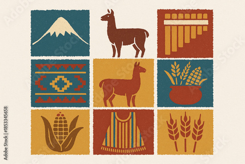 Andean Ecuador Icon Set with Chimborazo, Llamas, Flute, Woven Textiles and Harvest Symbols in Vector