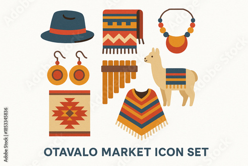 Otavalo Market Icon Set with Indigenous Hats, Woven Blankets, Jewelry, Flutes and Alpaca Textiles in Vector