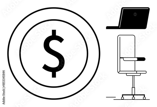 Remote work, business productivity, financial success, modern office, workplace ergonomics, digital economy. A laptop, office chair and dollar symbol. Remote work and business productivity