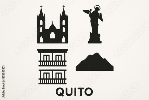 Quito City Icon Set with Basilica, Virgen del Panecillo, Colonial Balconies and Mountains in Vector