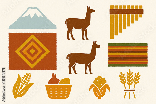 Andean Ecuador Icon Set with Chimborazo, Llamas, Flute, Woven Textiles and Harvest Symbols in Vector