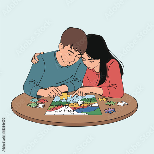 Couple sitting at table working on jigsaw puzzle together at home