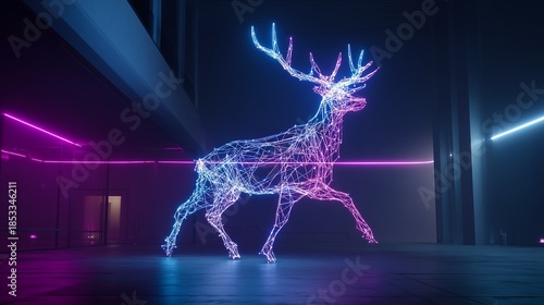 Digital art of a deer made from neon lights in a dark space during an exhibition