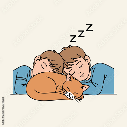Two men and a cat sleeping peacefully together in a serene environment, ART-31 illustration