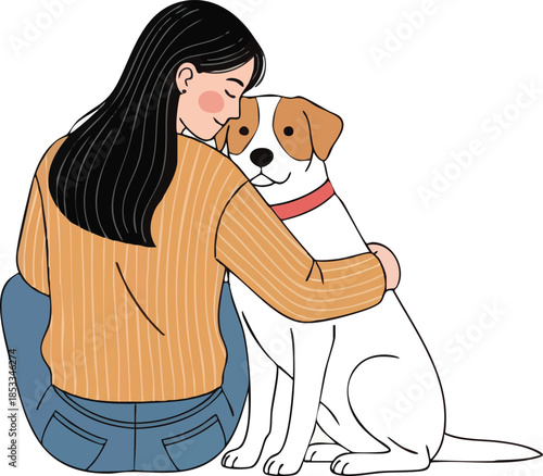 Woman hugs and kisses her happy dog on cheek sitting on floor indoors.