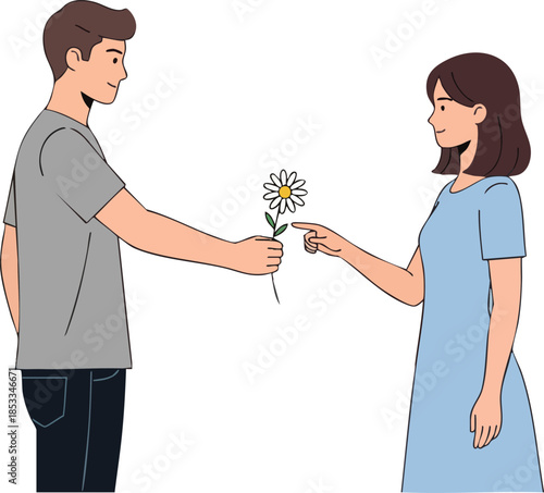 Man offers flower to woman in blue dress with gentle gesture ART-42