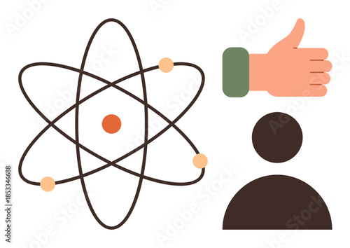 Atom model with orbiting electrons, a thumbs-up hand gesture, and a person icon. Ideal for science, approval, decision-making, education, individuality growth and innovation concepts. Simple flat