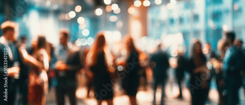 Blurred crowd gathering with bokeh effect and soft lighting indoors