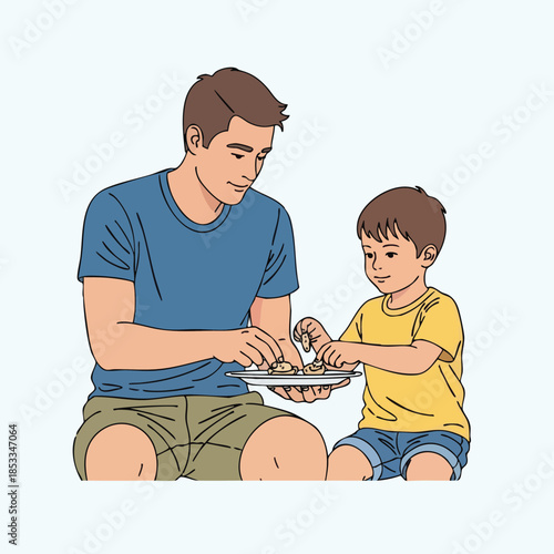 Man and young boy kneading dough on a plate together in a casual setting, ART-47 inspiration