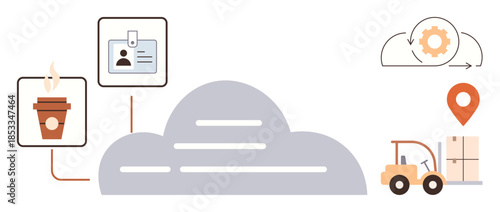 Coffee cup, ID card linked to cloud, forklift moving goods, and cloud with gears. Ideal for logistics, technology, automation, remote services, consumer experience cloud systems modern solutions