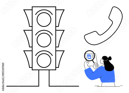 Communication concept. A traffic light and phone icon alongside a woman reviewing an identification document. Communication tools, identity verification, and decision-making processes. Perfect