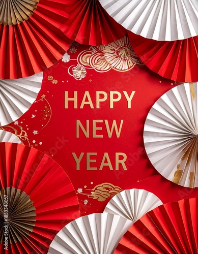 扇子と和柄で彩る華やかな正月英字背景
