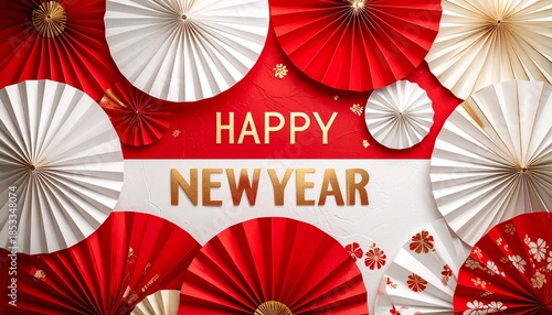 扇子と和柄で彩る華やかな正月英字背景