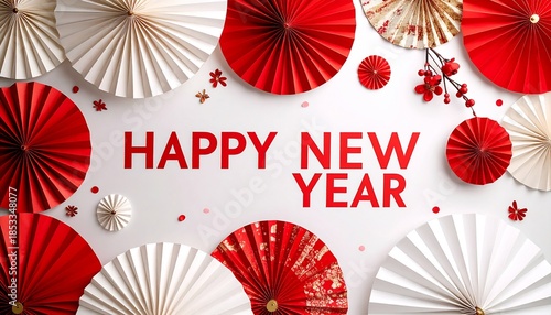 扇子と和柄で彩る華やかな正月英字背景