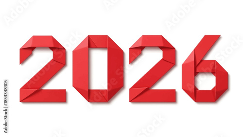 2026 Happy New Year Red Origami Paper Folded Numbers Minimalist Geometric Design Isolated on White Background