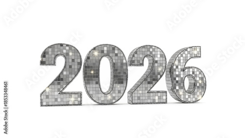 2026 Silver Disco Ball Numbers with Mosaic Mirror Tiles Shiny Luxury Party Celebration 3D Rendering