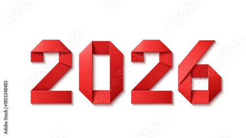 2026 Happy New Year Red Origami Paper Folded Numbers Minimalist Geometric Design Isolated on White Background