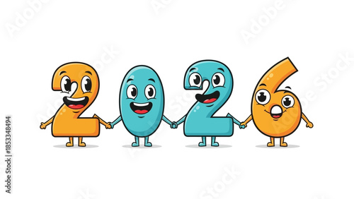 2026 Cute Cartoon Character Numbers Holding Hands Happy Faces Fun Mascot for Kids