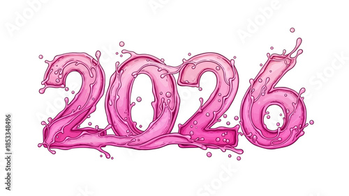 2026 Pink Liquid Splash Numbers with Bubbles and Droplets for Refreshing Drink Concept