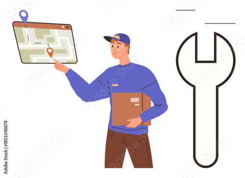 Person in cap holding a box points to a digital location marker on a map. Ideal for delivery logistics, route planning, navigation, technology use, efficiency, customer service, simple flat metaphor