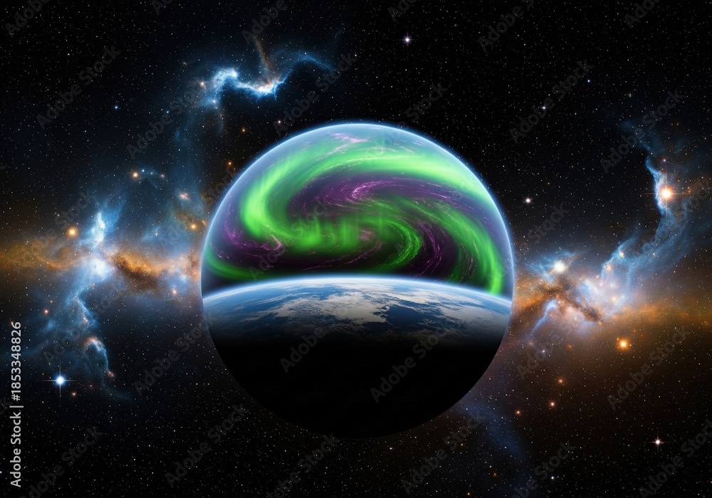 Obraz premium Exoplanet with vibrant green and purple aurora borealis in deep space nebula background