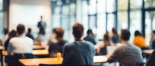 Blurred view of people attending a presentation or workshop indoors in a classroom