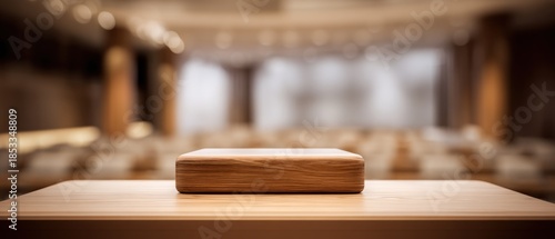 Wooden platform or stage against a blurred background in a conference room