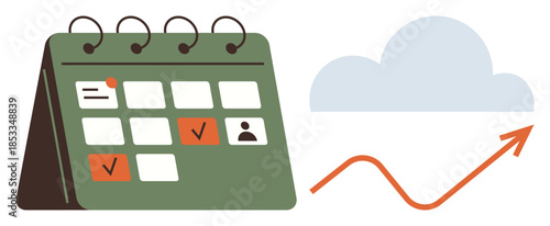 Desktop calendar with checkmarks, user icon, and upward arrow near cloud symbolizing planning, scheduling, progress, productivity, and growth. Ideal for strategy, management goal-tracking success