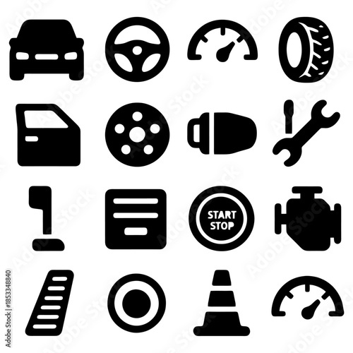 Car Parts Icons: A collection of simple, yet bold, black icons representing various essential components of a car, perfect for design and information.