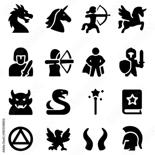 Mythical Icons: A collection of meticulously crafted, stark black icons of mythical creatures, heroes, and magical items, presented on a bright canvas
