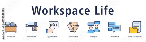 Banner illustrating workplace atmosphere with desks, appreciation, dialogue, teamwork and files.
