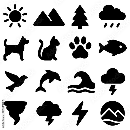 Nature's Ensemble of Icons: A captivating set of vector icons presents the diversity of nature's elements and inhabitants, depicting the interplay between the sun, mountains, tree, clouds, animals.