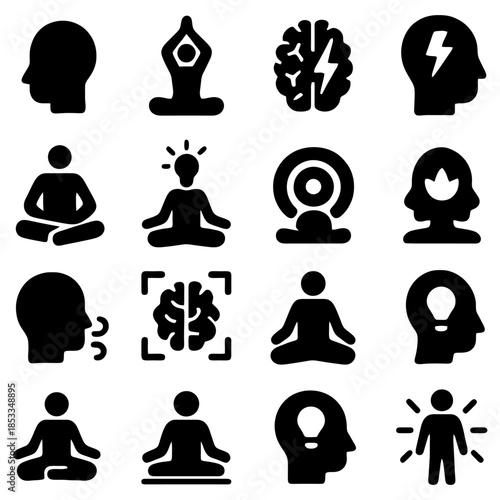 Mindful Moments: A collection of symbolic silhouettes representing the inner world, meditation, clarity, and mental well-being, conveying the essence of a tranquil and focused state of mind. 