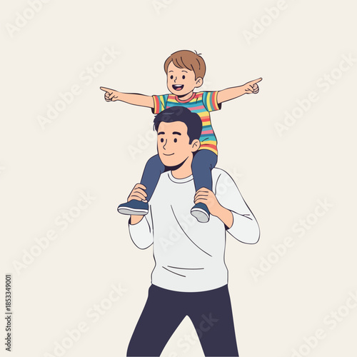 A man carries a smiling child on his shoulders outdoors in an illustration.