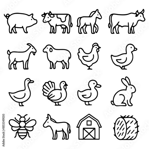 Farm animal icons : A collection of farm animal icons, perfect for illustrating the essence of rural life and agricultural themes. They represent simplicity and the connection to the land
