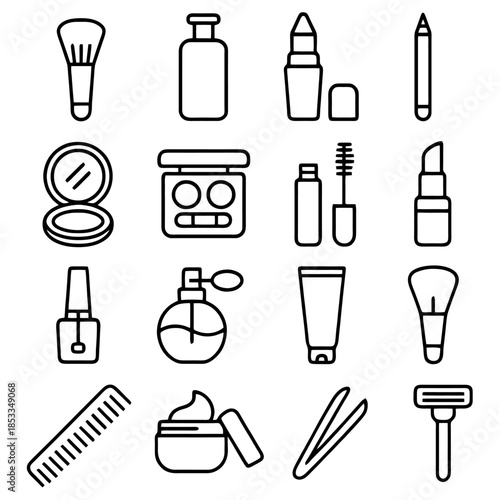 Cosmetics Icon Set: a clean line-art collection of essential makeup tools and beauty products. the perfect resources for beauty and cosmetic-related projects.