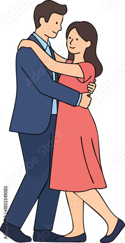 A man and woman dance together in a romantic waltz indoors