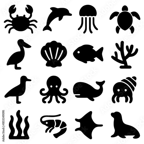 Sea Creatures Silhouette: A set of detailed silhouettes of marine life, perfectly capturing the elegance and diversity of the ocean. Each silhouette is a standalone representation, ready for use.