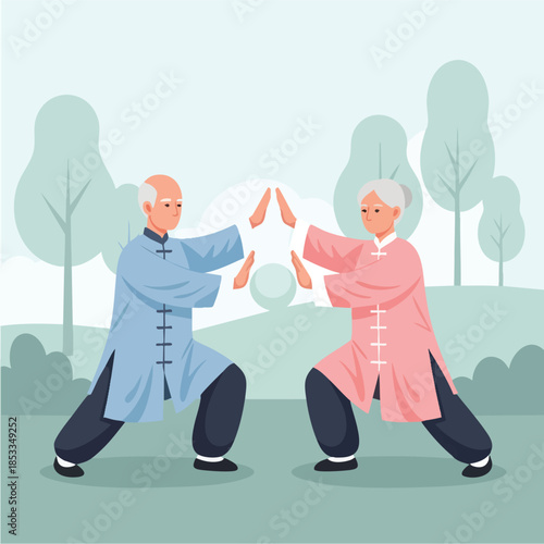 Two elderly men practicing tai chi in a serene outdoor setting with trees.